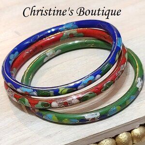 Cloisonne bangle bracelets, vintage, set of 3, red, green and blue